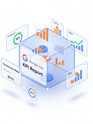 Grafische Darstellung eines Google Ads KPI Berichts mit Diagrammen und Metriken.