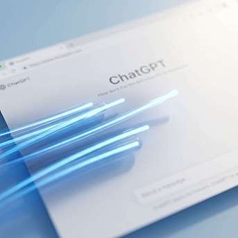 Ein unscharfer Bildschirm zeigt die ChatGPT-Startseite mit blauen Lichtstreifen.